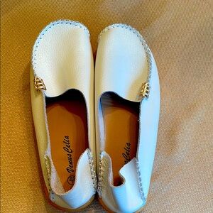 White Leather Loafers with Gold Accents